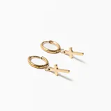 Aros tipo argolla con dije colgante en forma de cruz, de diseño minimalista y acabado brillante.