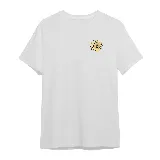 Remera blanca de manga corta con estampado frontal pequeño de una flor con cara sonriente en tonos amarillos.