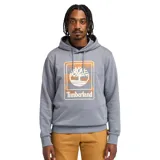 Canguro gris con capucha y cordones ajustables. Estampado frontal con el logo del árbol de Timberland enmarcado en un cuadrado naranja.