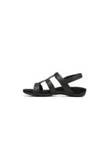 Sandalias negras con diseño de tiras ajustables con velcro, adornadas con detalles metálicos decorativos. Presentan una plantilla ergonómica con soporte de arco y suela antideslizante.