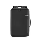 Mochila negra de poliéster y cuero, con asas reforzadas, compartimento para laptop de hasta 17 pulgadas, bolsillo trasero oculto y cinturón para valija. Marca Baleine, modelo Bedford.