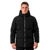 Campera puffer negra Tiffosi, con capucha y cierre frontal completo con detalles de marca impresos en la tira del cierre. Diseño acolchado de corte clásico y mangas largas.