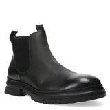 Botas tipo Chelsea de cuero negro con paneles elásticos laterales, tiradores en la parte superior y suela de goma dentada.