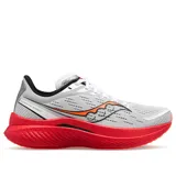 Championes Saucony Endorphin Speed 3, color blanco con detalles en naranja y negro, ideales para running.