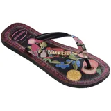 Ojotas Havaianas modelo Top Tropicalia Vibes II, color blanco con estampado floral en tonos azules y naranjas. Las tiras son blancas con el logo de Havaianas en dorado.