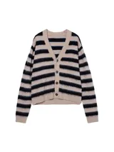 Cardigan de punto con diseño a rayas horizontales en tonos beige y negro, cuello en pico y cierre frontal con botones.