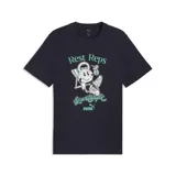 Remera de algodón color azul marino con cuello redondo y manga corta. Presenta un estampado gráfico central que muestra una pesa rusa con cara sonriente descansando en una reposera con una bebida, acompañado por el texto 'Rest Reps Sportstyle' y el logo de la marca.