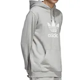 Canguro gris con capucha y cordones ajustables, logo Adidas Trefoil estampado en blanco en el pecho y bolsillo tipo canguro.