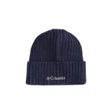 Gorro de lana Columbia color azul marino, tejido en punto canalé, con dobladillo enrollado y logo bordado en el frente.