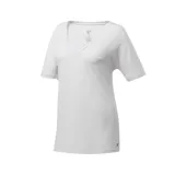 Remera deportiva blanca de mujer, con escote en V, mangas cortas y logo Reebok Vector en el ruedo.