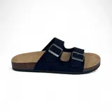 Sandalias negras con dos tiras anchas ajustables con hebillas metálicas plateadas.