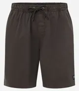 Bermuda de sarga lavada color gris oscuro, con cintura elástica ajustable mediante lazo, bolsillos laterales y corte recto.