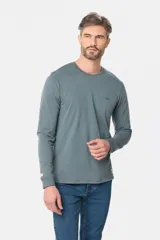 Remera manga larga lisa, color gris claro, con cuello redondo y logo bordado en el pecho.