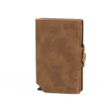 Billetera de cuero color marrón con sistema de apertura automática para tarjetas y compartimentos interiores para billetes.