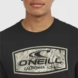 Remera O'Neill negra de manga corta, con cuello redondo y estampa frontal rectangular con el logotipo de la marca y diseño camuflado.