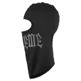 Pasamontañas negro con abertura para los ojos y logo de Supreme en strass plateado.