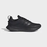 Championes de running Adidas Runfalcon 5, completamente negros, con exterior de malla textil y sintética, forro interno de tela y suela Adiwear. Cuentan con mediasuela Cloudfoam y plantilla OrthoLite®.
