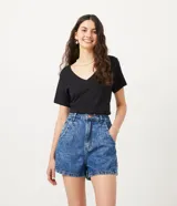 Remera negra de algodón con escote en V y mangas cortas.