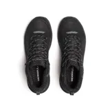 Bota de senderismo Merrell modelo Speed Strike 2 LTR, color negro. Diseño de caña media con parte superior de cuero impermeable, cierre con cordones, cuello acolchado y suela de goma con tracción optimizada para terrenos difíciles.