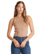 Top sin mangas de tejido lurex con acabado brillante, cuello redondo y corte ajustado al cuerpo.