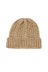 Gorro de lana tejido con diseño de trenzas verticales y borde acanalado con vuelta.