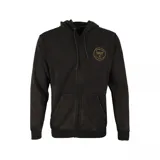 Campera con capucha y cierre frontal, color negro, con logo circular de la marca estampado en el pecho en color dorado.