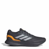 Championes de running Adidas Runfalcon 5, de color gris con las clásicas tres tiras en los laterales en tono gris claro y detalles en color naranja brillante en la lengüeta y el talón. Cuentan con capellada de malla transpirable, cordones al tono y entresuela Cloudfoam para mayor amortiguación.