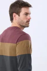 Remera de manga larga con cuello redondo y diseño de rayas horizontales en azul verdoso, beige y azul marino. Presenta una estampa frontal con texto y un parche decorativo en la manga.