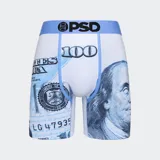 Calzoncillos bóxer estampados con billetes de 100 dólares, con pretina elástica celeste con logo de la marca.