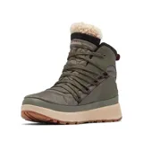 Bota de invierno Columbia modelo Red Hills, color verde oliva con detalles en beige y negro. Presenta una construcción impermeable con parte superior textil y refuerzos de cuero, forro interno con tecnología termorreflectante y cuello de piel sintética. Incluye sistema de cordones, entresuela amortiguada y suela de caucho con tracción.