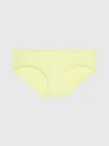 Hipster acanalado color verde claro, de corte de pierna alto, frente en V, etiqueta con el logo y tela elástica.