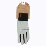 Guantes deportivos Merrell de tejido gris melange con detalles en negro en los dedos y puños. Presentan el logo de la marca estampado en el dorso y una etiqueta pequeña con el nombre de la marca en el puño.