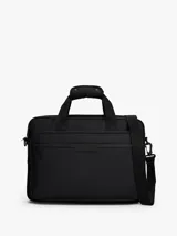 Maletín para portátil negro de poliéster, con acabado liso y logo metálico tonal de Tommy Hilfiger en el frente. Posee dos asas superiores y una correa ajustable extraíble para llevar al hombro. Incluye funda de portátil incorporada y múltiples bolsillos exteriores.