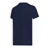 Remera de corte holgado color azul marino, con cuello redondo, mangas cortas y un bolsillo frontal en el lado izquierdo con el logo de la marca estampado.