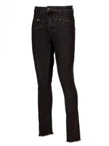 Pantalón skinny leg de tiro medio marca RKF, confeccionado en denim gris oscuro. Presenta bolsillos delanteros con cierres metálicos horizontales y ruedo deshilachado.