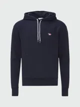 Canguro azul marino de algodón con capucha, cordones blancos y logo de zorro bordado en el pecho.