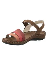 Sandalia de cuero modelo Parklands de RKF, con tiras delanteras en tonos rojo, rosado y salmón, y estructura principal en color marrón. Posee cierre con tira ajustable en el talón y suela con efecto corcho y base de goma.