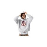 Hoodie oversized color gris melange con capucha, bolsillo tipo canguro y estampado frontal con el logo de la marca en azul marino y naranja.