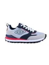 Championes urbanos Umbro modelo Venturi, con diseño multicolor en tonos gris, azul marino, blanco y detalles en rojo. Confeccionados en una combinación de cuero y malla, cuentan con suela de EVA y TPR para mayor confort y tracción.