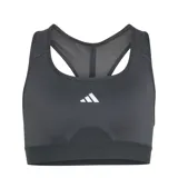 Top deportivo Adidas Powerreact color gris oscuro, con espalda cruzada y logo blanco en el frente. Confeccionado con tejido elástico y tecnología Aeroready para absorción de humedad.