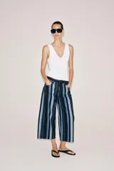Jeans culotte de tiro medio ZW Collection con estampado de rayas verticales en tonos azules, celestes y negros. Cuenta con diseño de cinco bolsillos y cierre frontal con cremallera y botón.