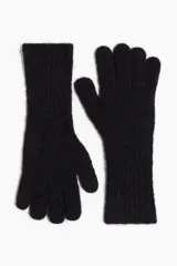 Guantes negros de punto fino con acabado cepillado y puños acanalados.