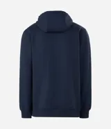 Hoodie Get Over de color azul marino, con capucha ajustable, bolsillo estilo canguro en el frente, mangas largas y puños y ruedo de rib acanalado. Cuenta con una pequeña etiqueta rectangular decorativa en la parte inferior.