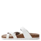 Sandalias tipo Birkenstock color blanco, con dos tiras ajustables con hebillas metálicas y suela de corcho con base de goma blanca.