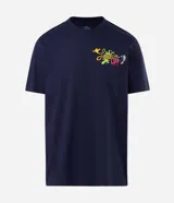Remera de algodón color azul marino con cuello redondo y mangas cortas. Presenta un diseño estampado en la espalda con personajes de Bob Esponja y Patricio Estrella en estilo artístico colorido.