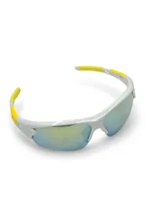 Lentes de sol deportivos Space, con armazón blanco y detalles en amarillo, y cristales espejados.