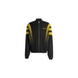 Campera Adidas de punto color negro con cierre frontal y detalles en amarillo. Presenta un diseño de franjas degradadas con efecto pulverizado en los hombros y mangas, cuello alto y bolsillos frontales.