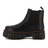 Botas Chelsea de cuero sintético negro con elásticos laterales, suela de plataforma y costuras naranjas.