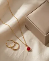 Collar de acero con baño de oro, compuesto por una cadena fina de eslabones y un dije en forma de gota con piedra roja central.