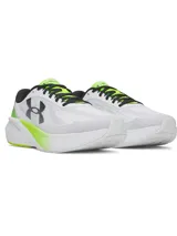 Championes de running Under Armour Velociti Pace, color blanco con detalles en negro y verde flúor, confeccionados con malla transpirable y amortiguación UA HOVR.